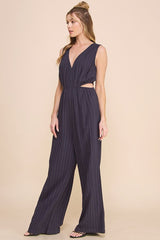 Pinstripe Linen Cut Out Vneck Jumpsuit Navy Stripe