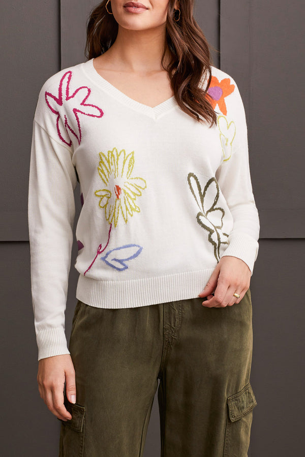 Drop Shoulder Mix Floral Stripe Sweater Eggshell Multi