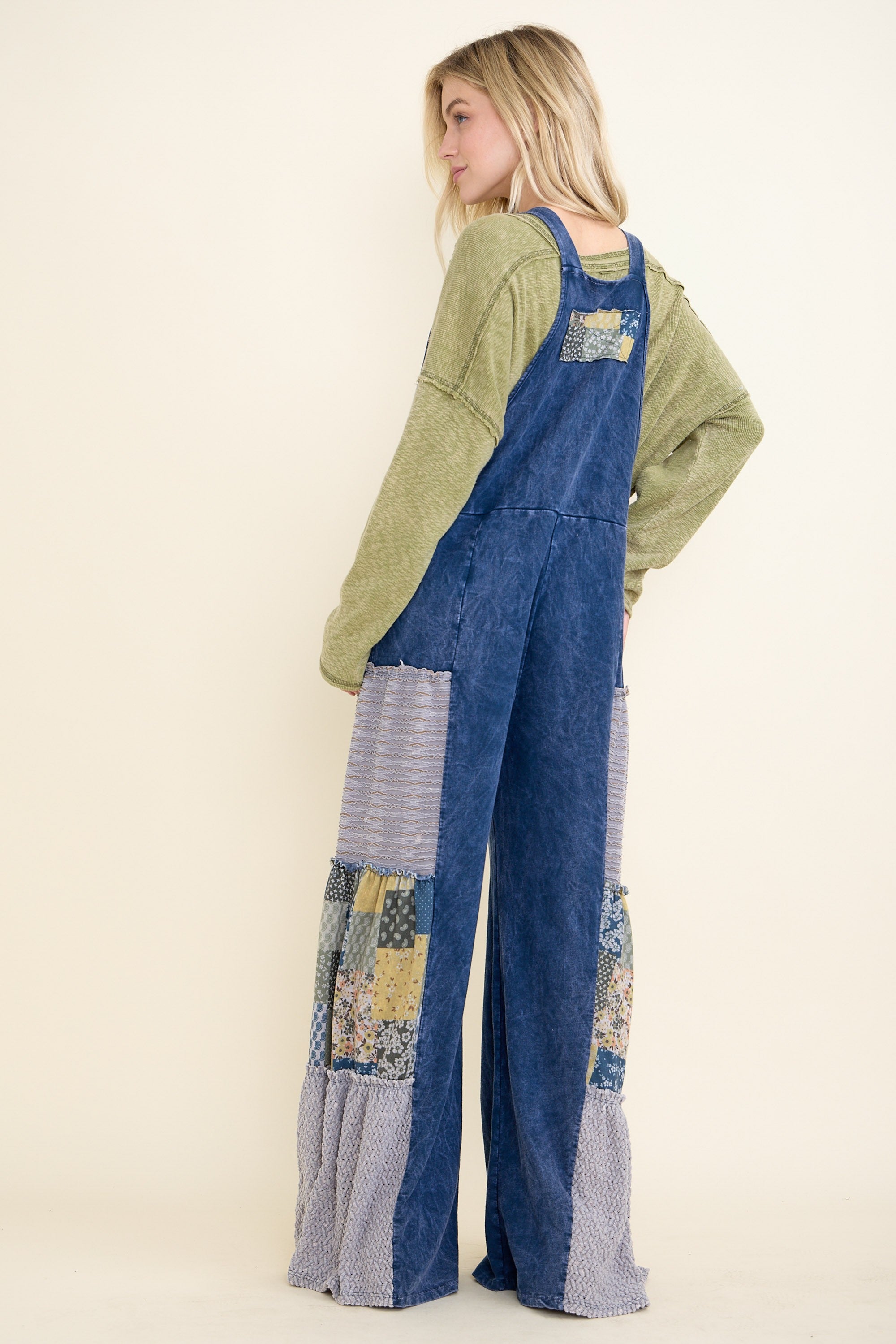 Mineral Washed Tiered Patchwork Boho Jumpsuit Navy