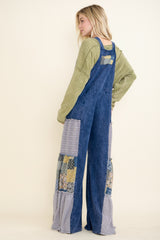 Mineral Washed Tiered Patchwork Boho Jumpsuit Navy
