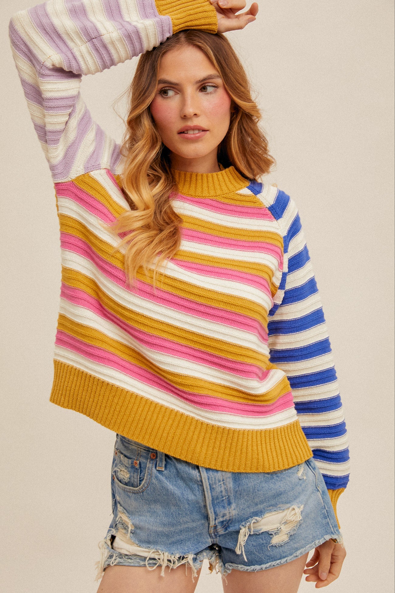 Striped Color Block Raglan Sleeve Sweater Multi