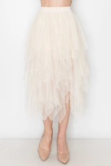Layered Mesh Midi Skirt Beige