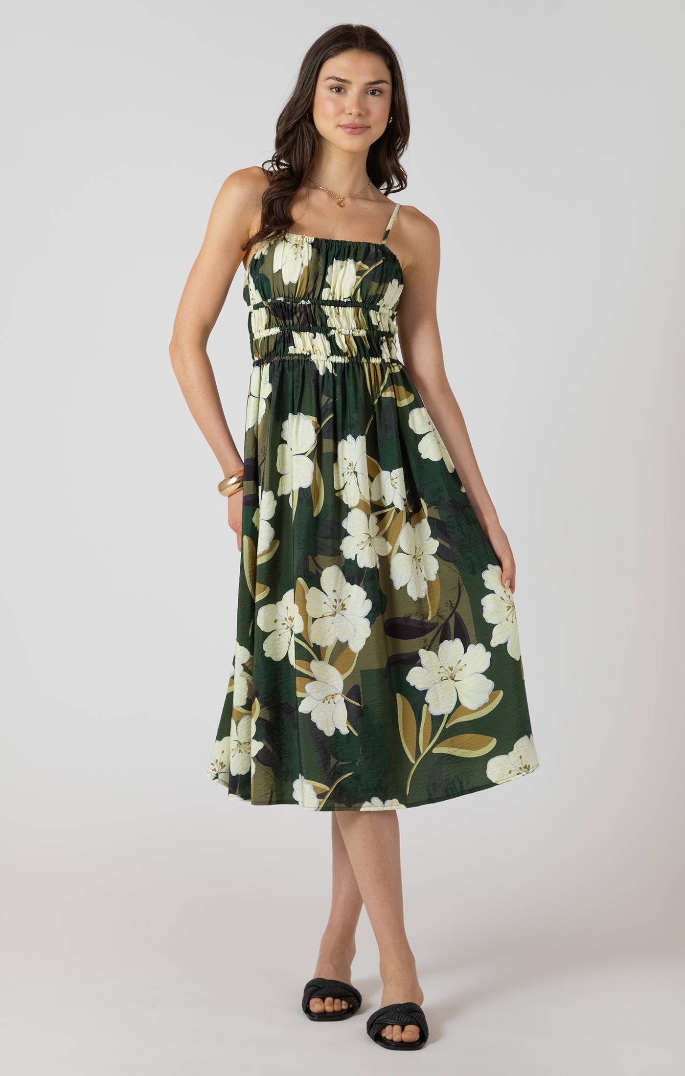 Printed Banded Scrunch Top Midi Dress Palm Blossom