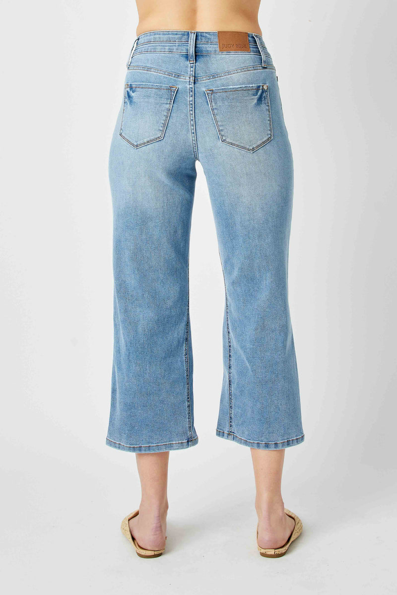 Double Button High Rise Crop Wide Leg Jeans Medium