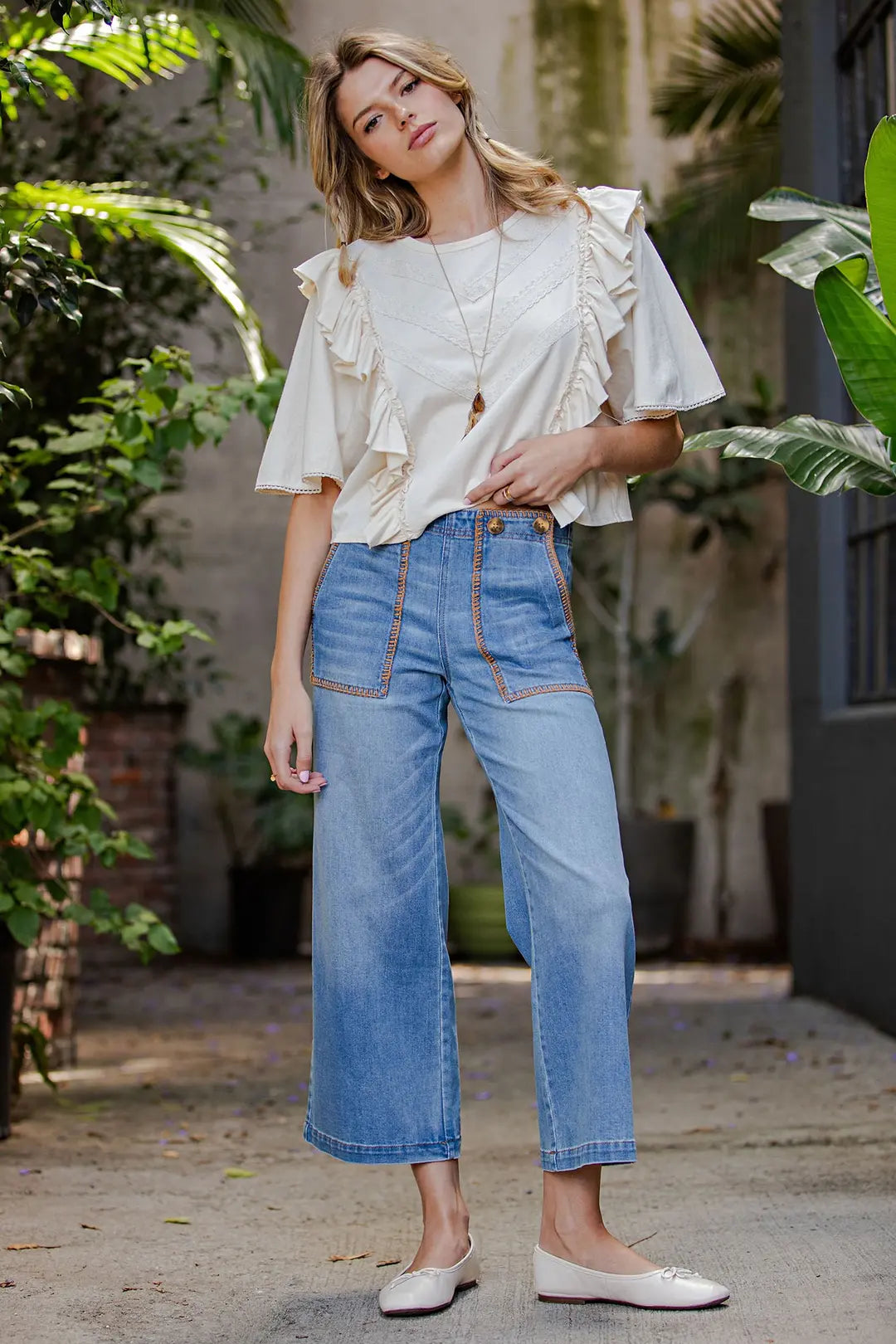 Whipstitch Pocket Cropped Pants Denim