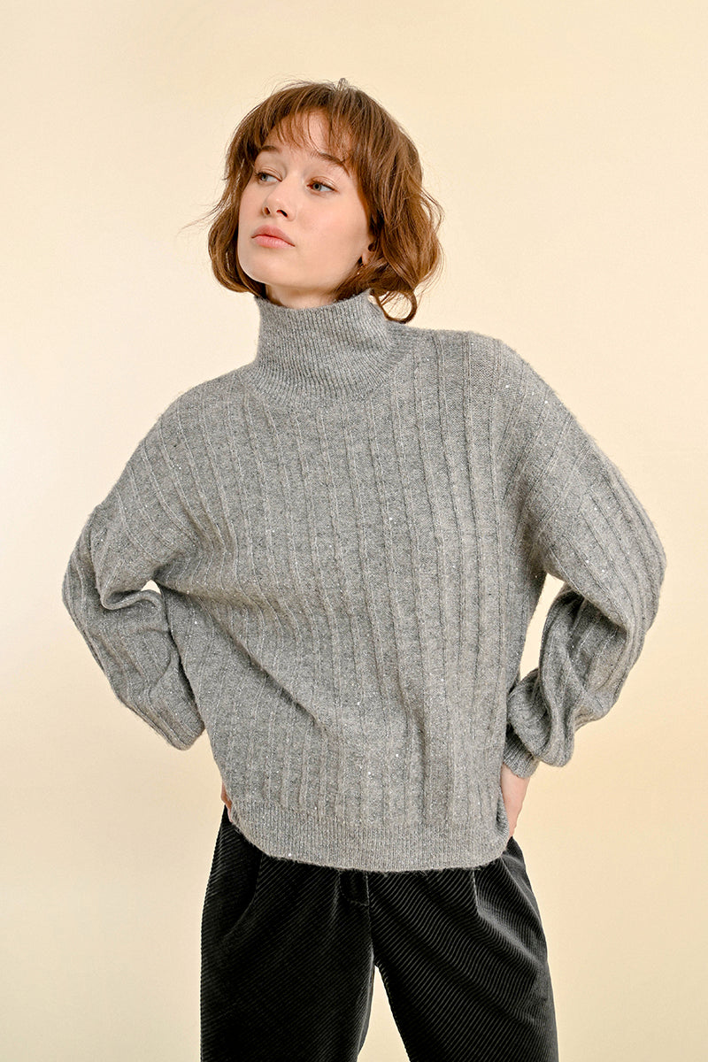 Stripe Texture Glitter Turtleneck Sweater Silver