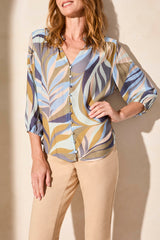 Covered Buttons 3/4 Sleeve Printed Blouse Green Moss