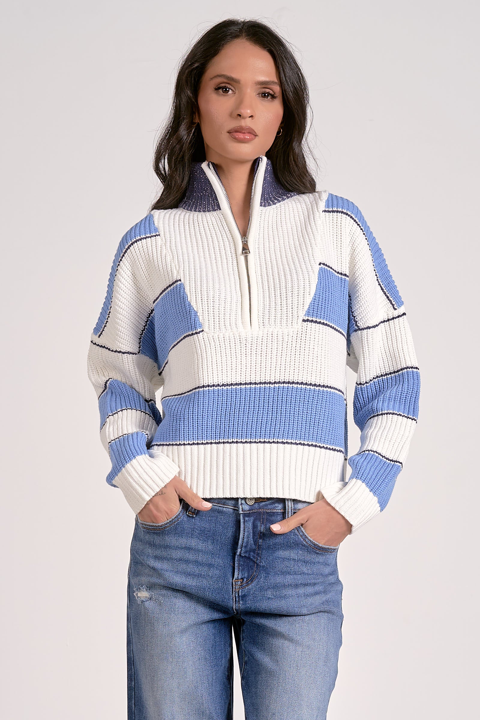 Half Zip Stripe Contrast Collar Sweater Light Blue