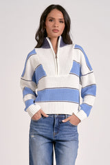 Half Zip Stripe Contrast Collar Sweater Light Blue
