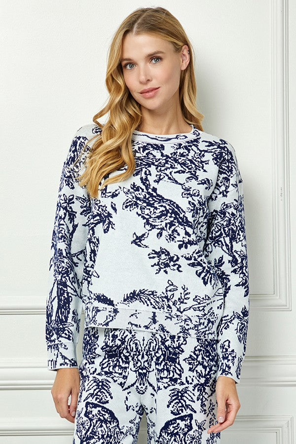 Forest Floral Contrast Crew Sweater White