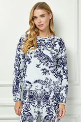 Forest Floral Contrast Crew Sweater White