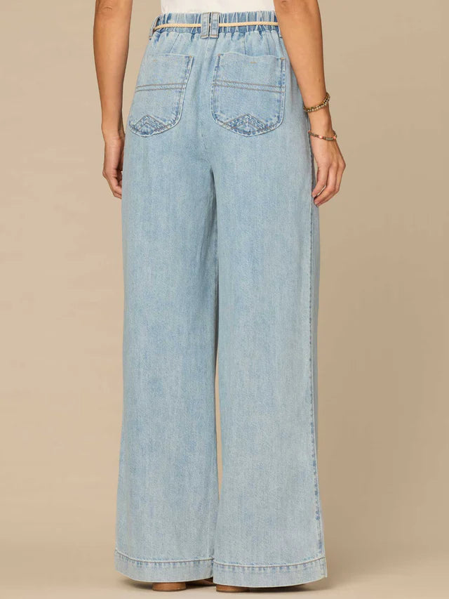 Skyrise Pleated Rope Belt Wide Leg Pants Light Blue