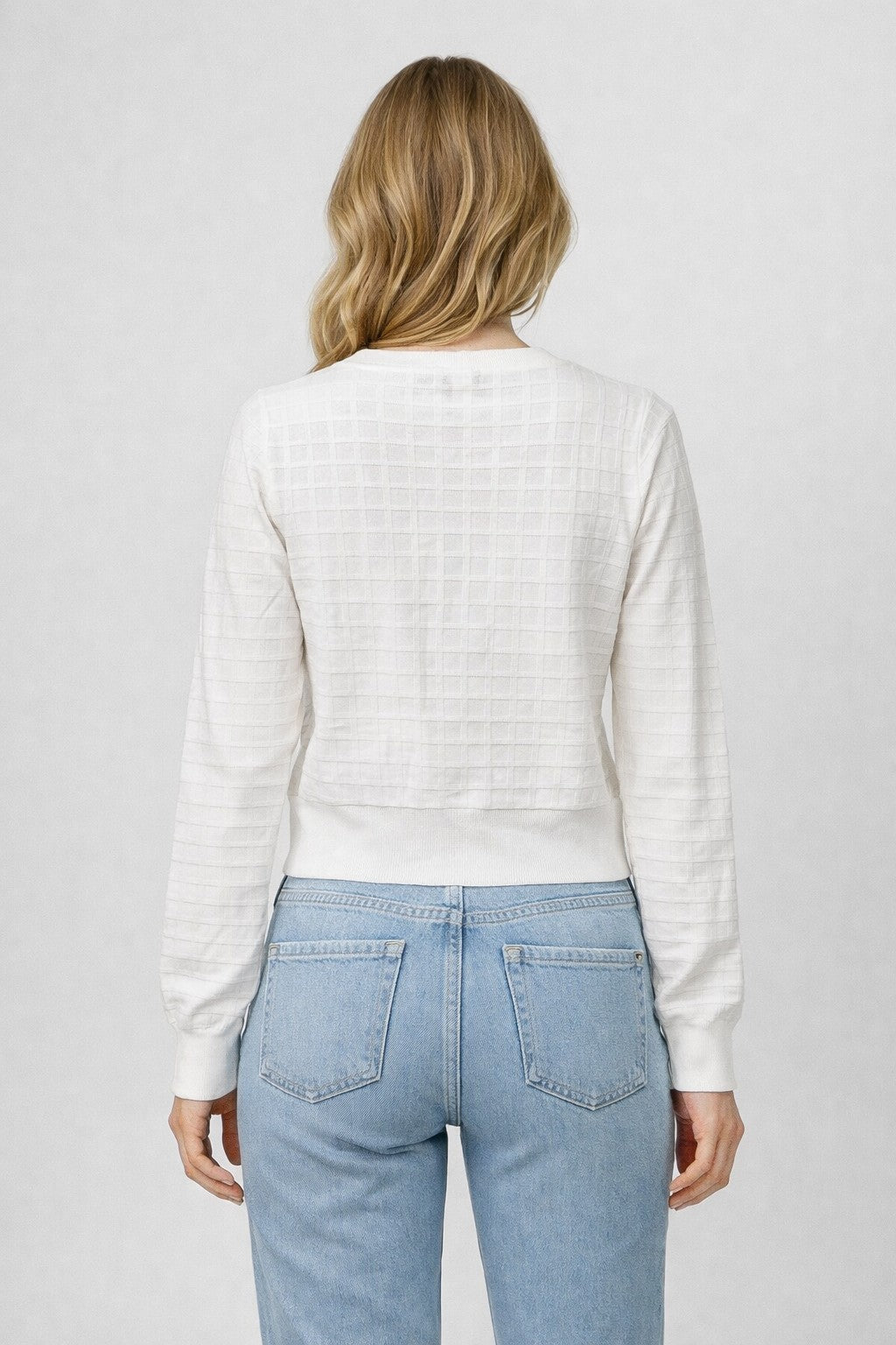Textured Grid Buttoned Knit Cardigan Off White