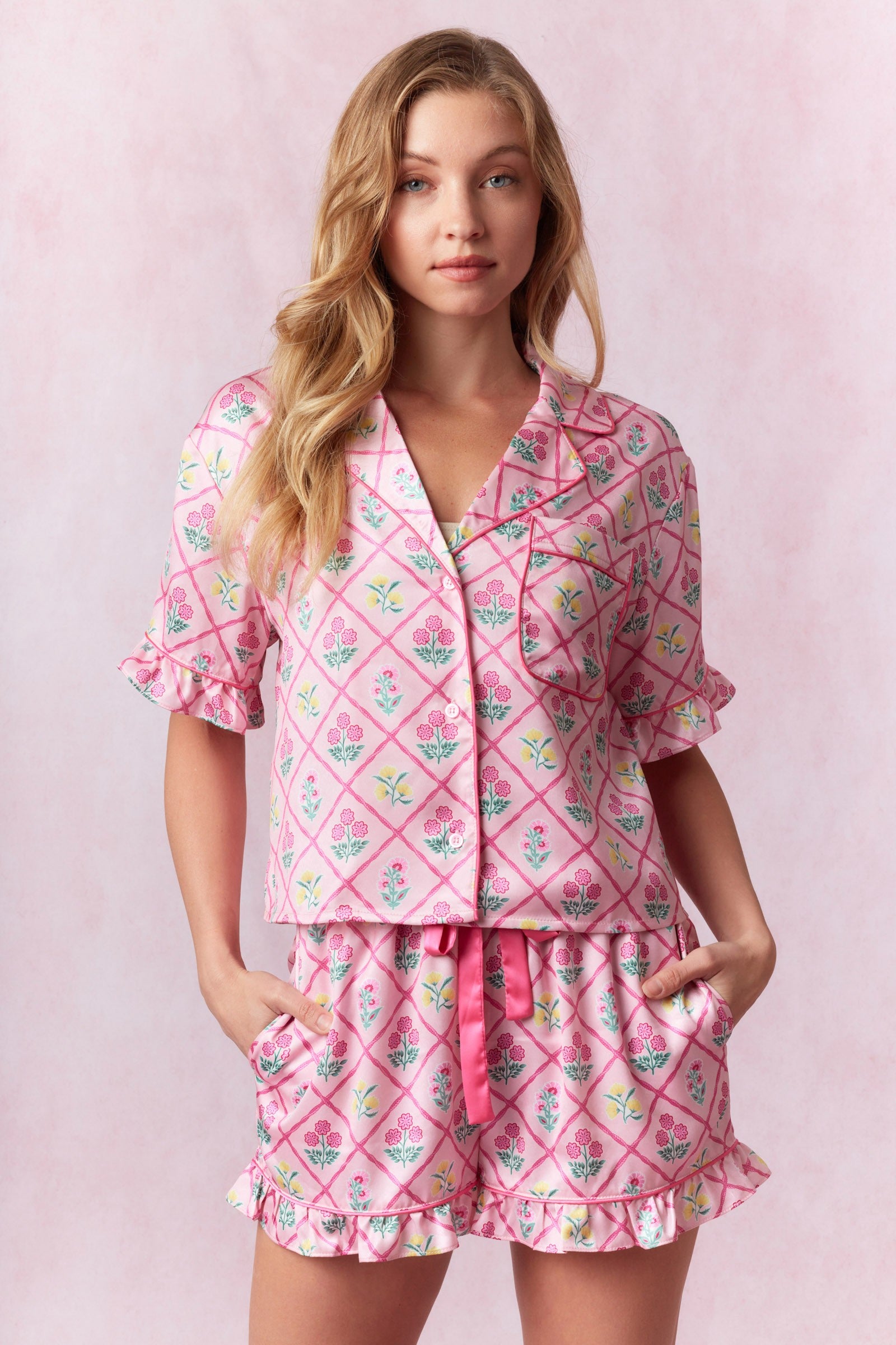 Flower Printed Satin PJ Set Pink