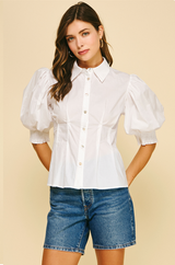 Ruched Sleeve Classic Button Up Top White