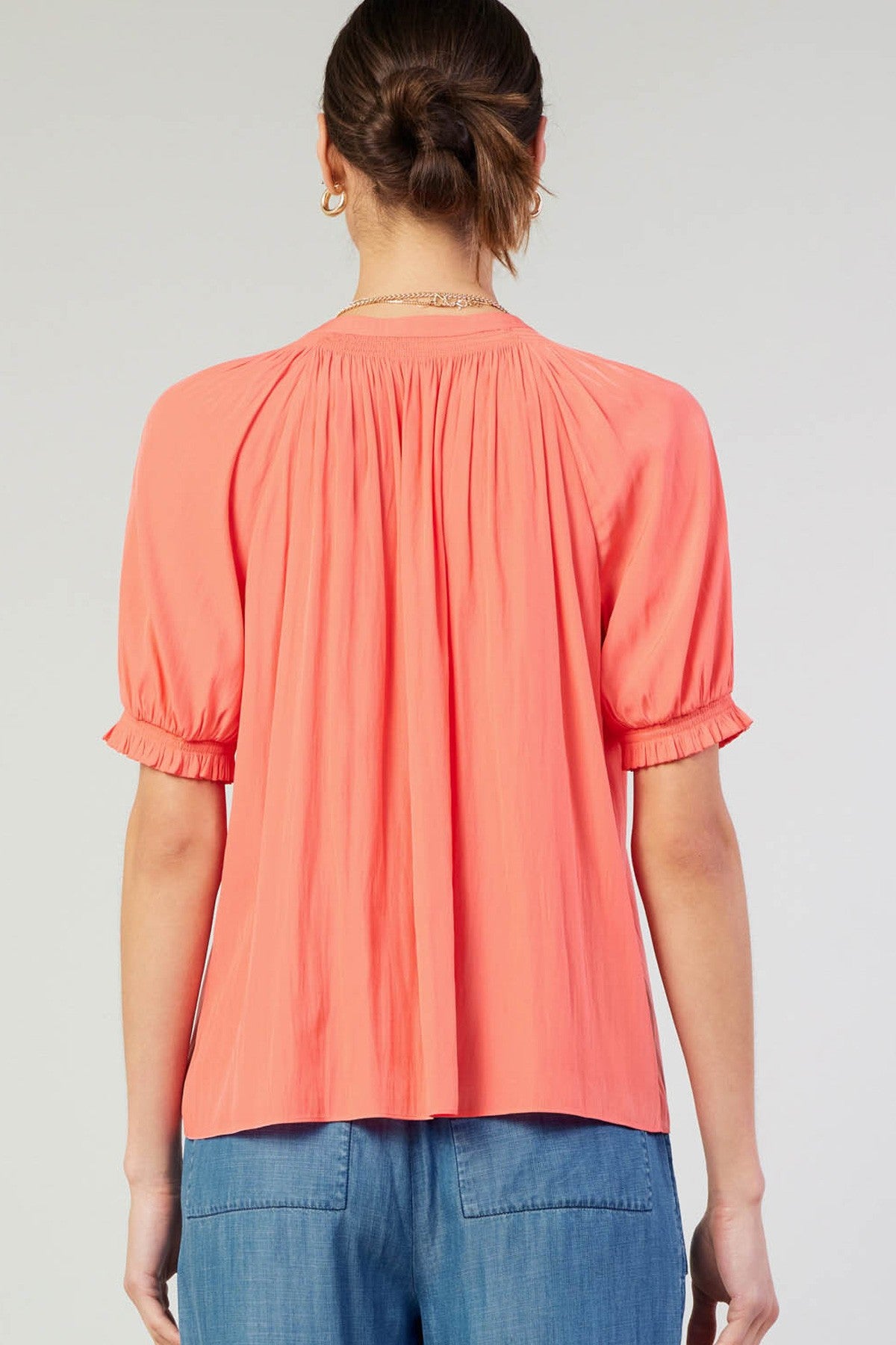 Smocked Trimmed Neck Half Balloon Sleeve Blouse Coral