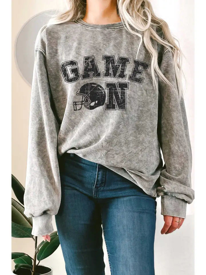 Game On Football Mineral Wash Terry Sweatshirt Grey