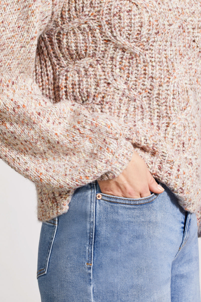 Funnel Neck Oversize Cable Knit Confetti Sweater Latte