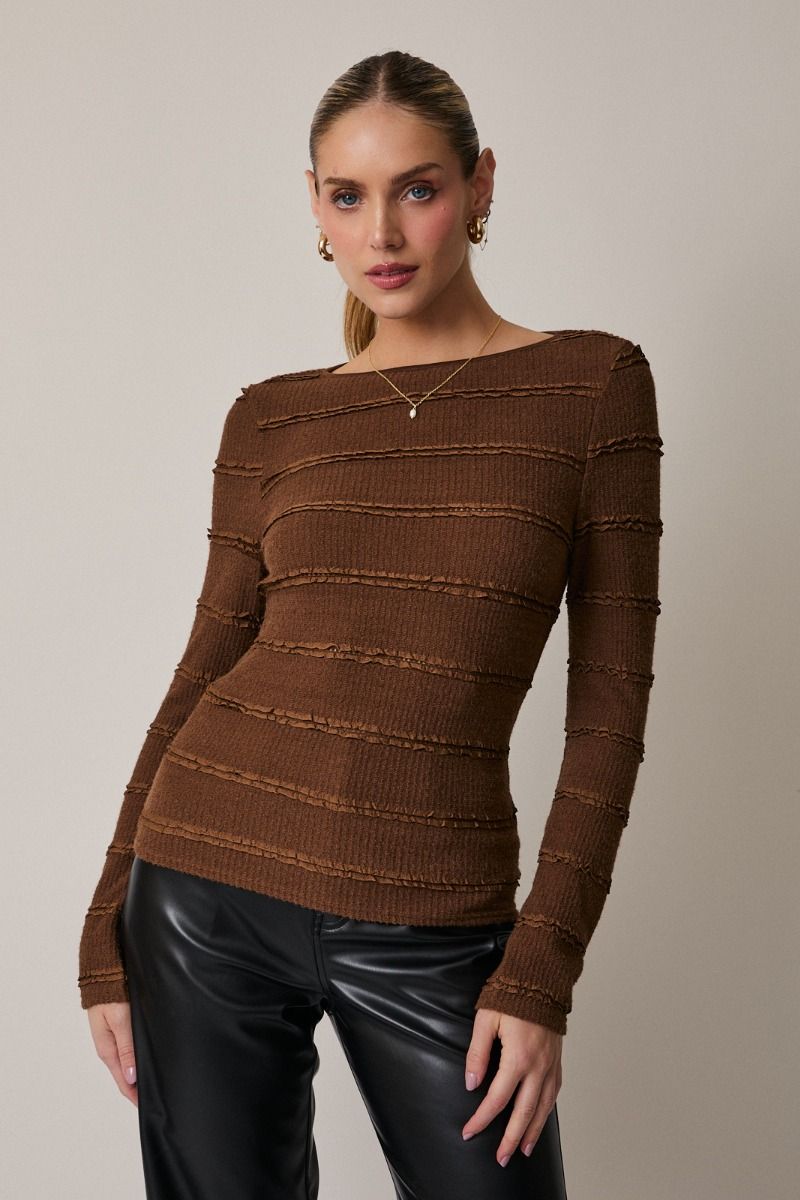 Boat Neck Ribbon Trim Top Brown