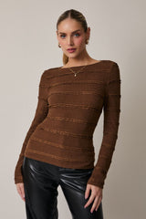 Boat Neck Ribbon Trim Top Brown