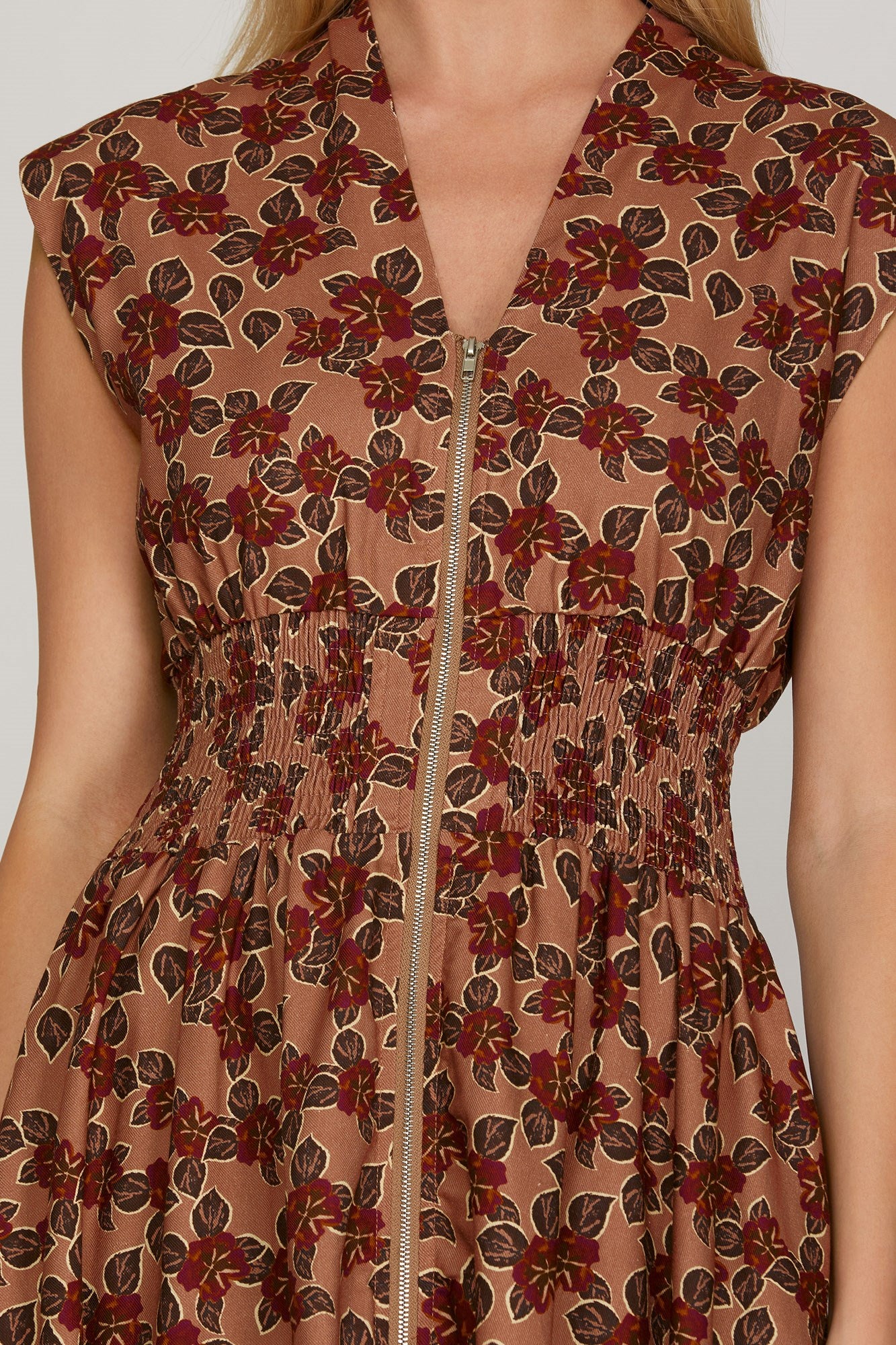 Vintage Poppy Floral Smocked Waist Zip Midi Dress Dusty Rose + Wine