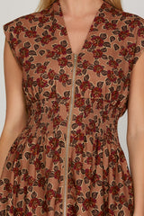 Vintage Poppy Floral Smocked Waist Zip Midi Dress Dusty Rose + Wine