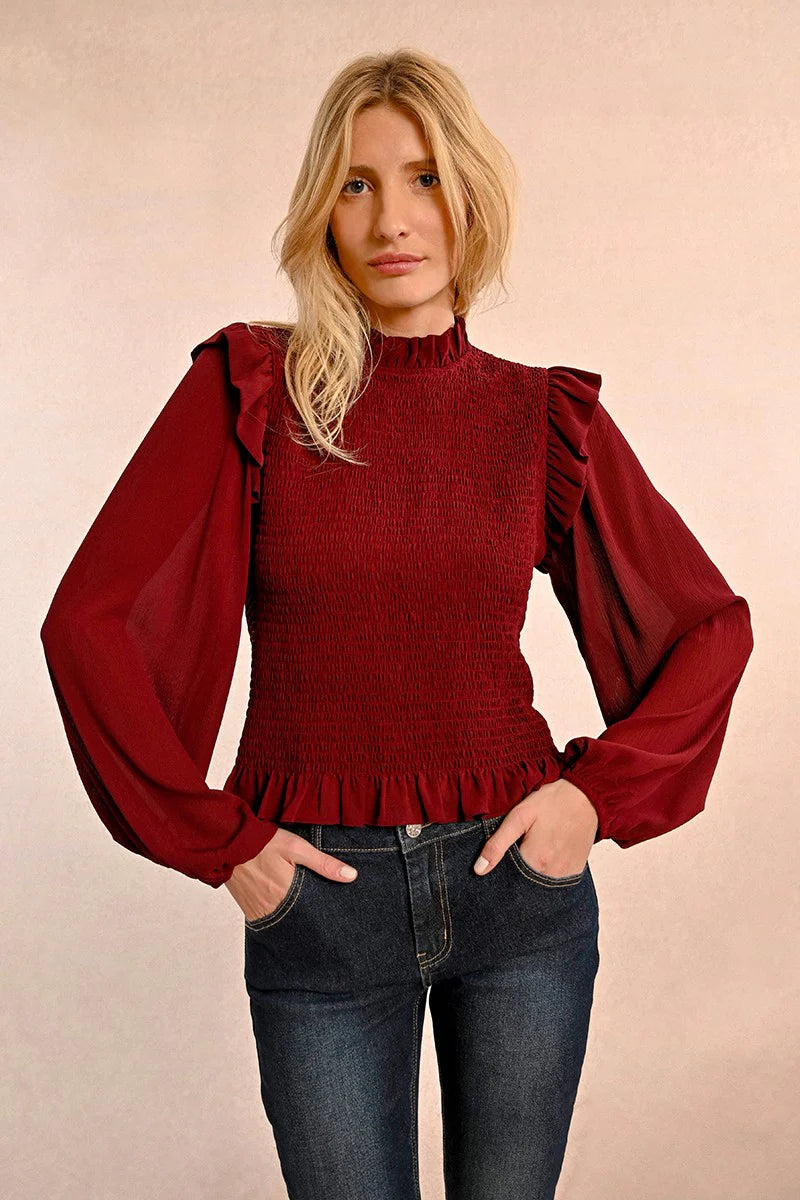 Smocked Bodice Ruffle Details Blouse Dark Red