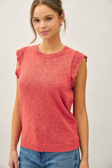 Crochet Ruffle Cap Sleeve Slub Sweater Poppy