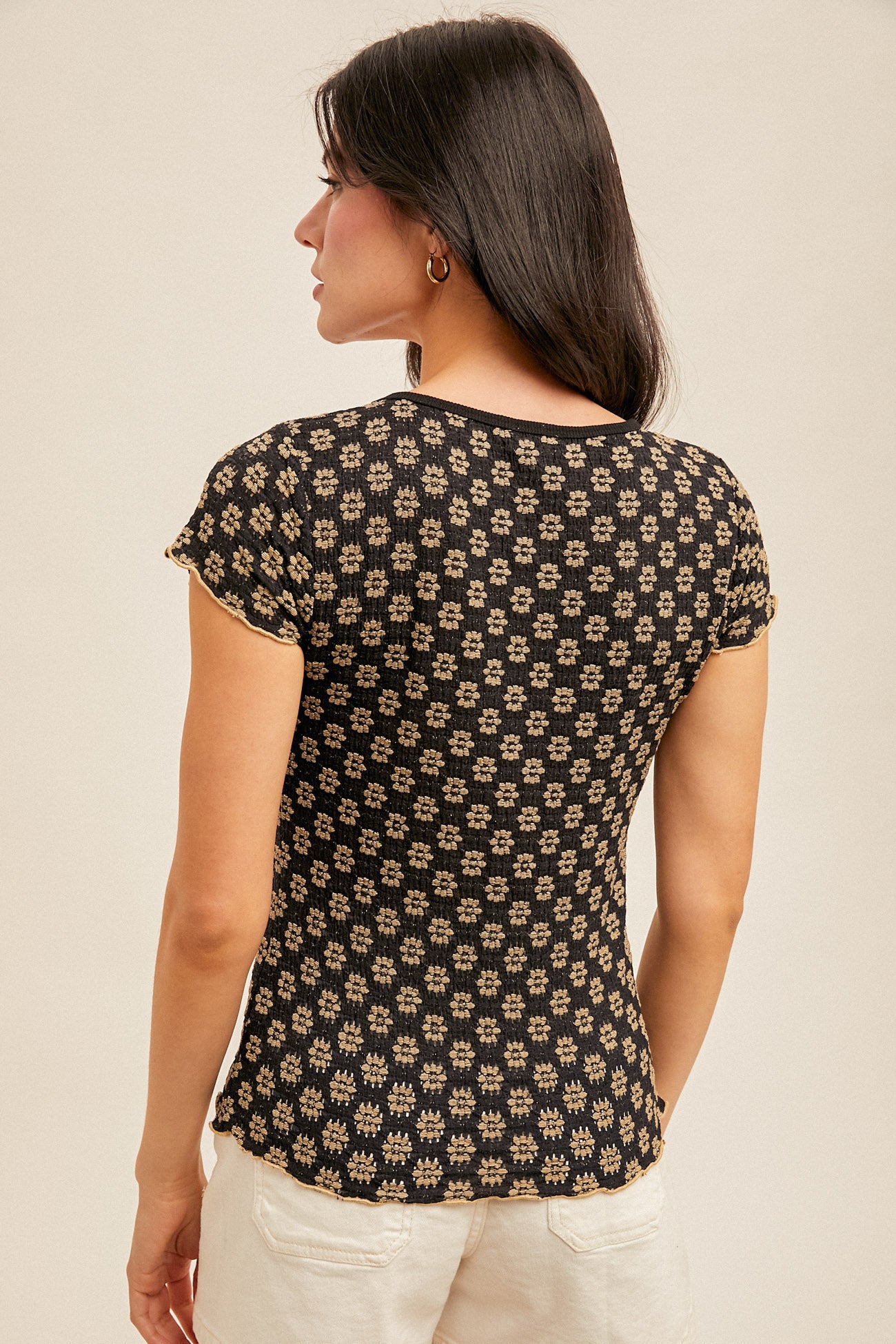 Floral Lace Cabbage Hem Tee Black