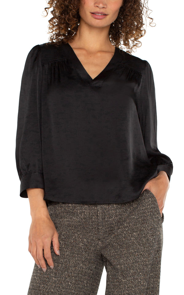 Long Sleeve Pleated Neck Woven Blouse Black