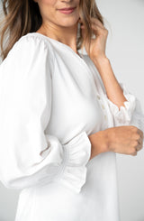 3/4 Sleeve Knit To Woven Smock Blouse White