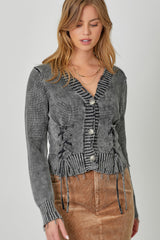 Washed Button Down Laced Side Detail Cardi Washed Black