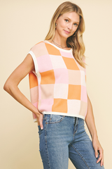Colorblock Squares Sweater Vest Top Orange Multi