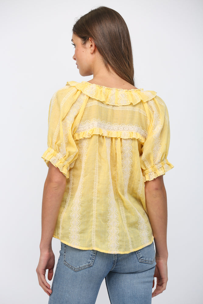 Lace Embroidered Detail Ruffle Sleeve Blouse Yellow