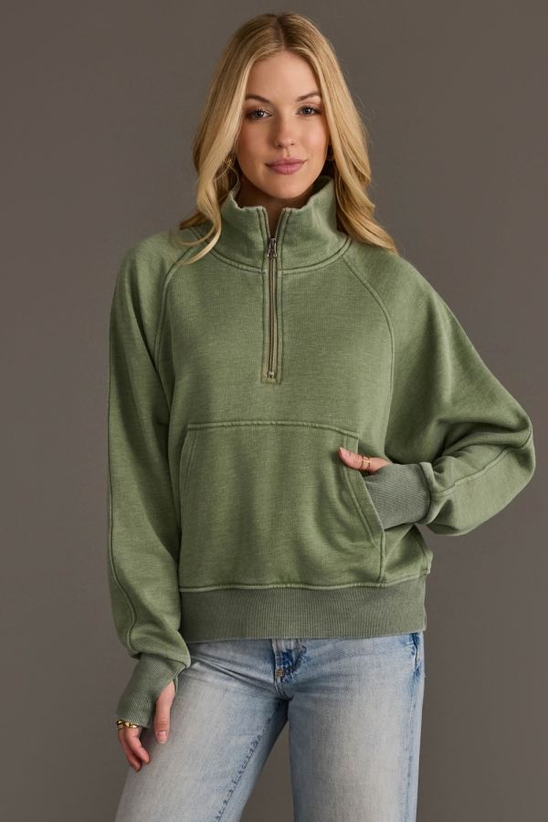 Cropped Funnel Neck 1/4 Zip Sweatshirt Sage