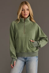 Cropped Funnel Neck 1/4 Zip Sweatshirt Sage