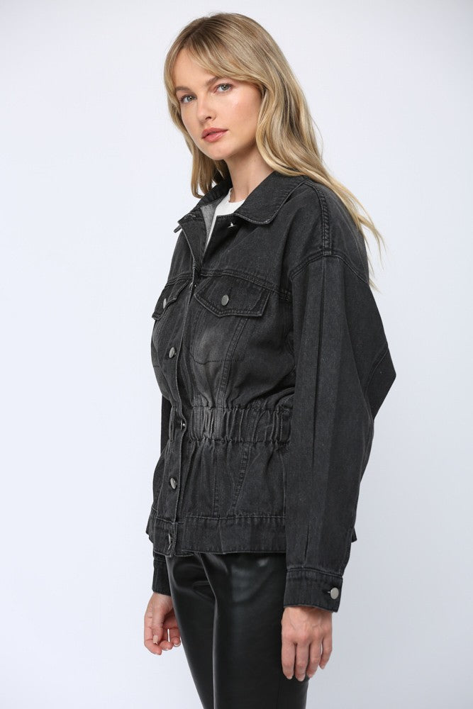 Gathered Waist Washed Denim Jacket Charcoal