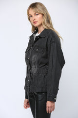 Gathered Waist Washed Denim Jacket Charcoal