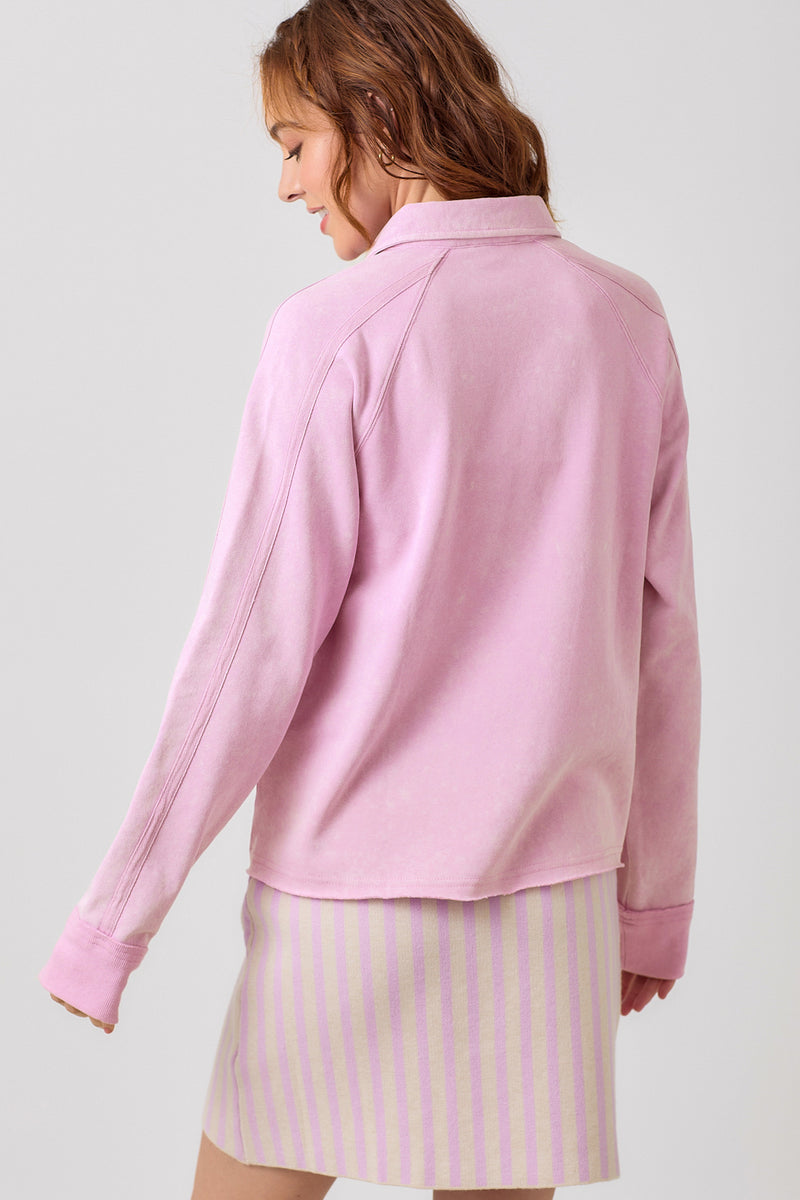 Collared Button Neck Terry Long Sleeve Top Lavender Pink