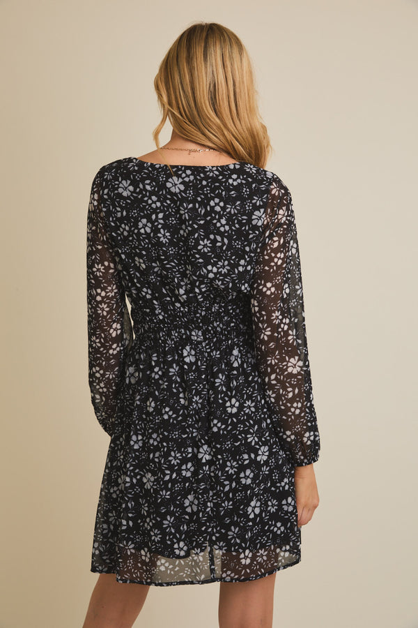 Smocked Waist Long Sleeve Floral Print Mini Dress Black + Ivory