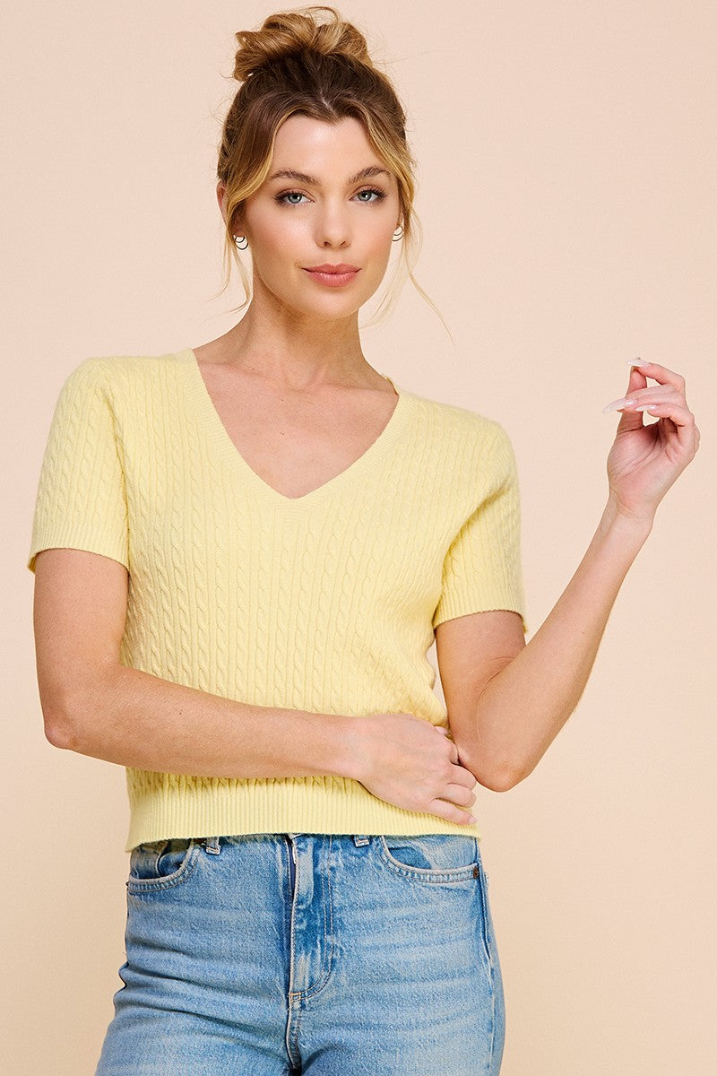 Cable Knit Short Sleeve Sweater Top Limoncello