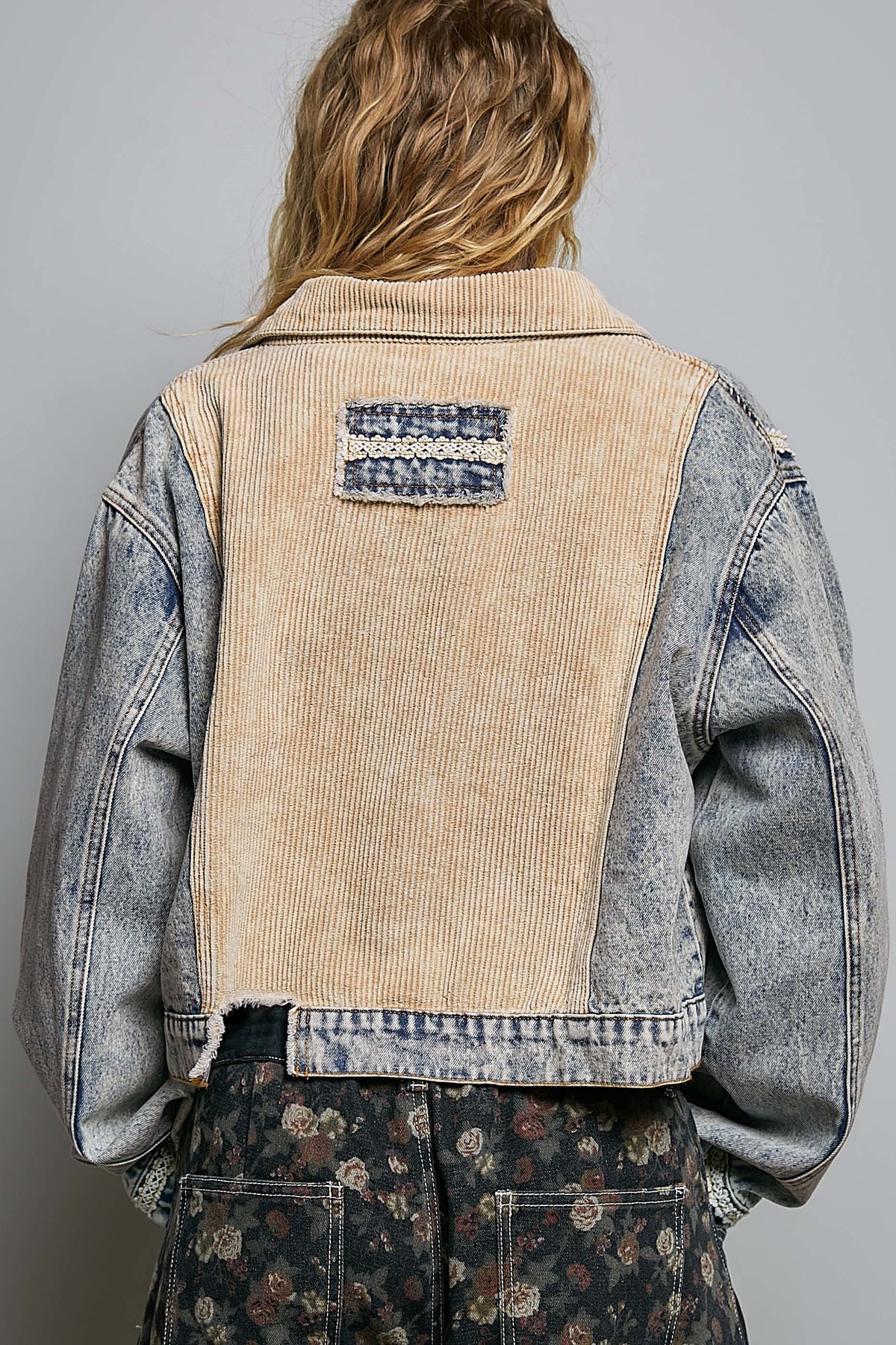Corduroy Collar Lace Trim Denim Jacket Denim