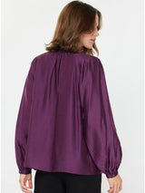 Long Sleeve Taped Vneck Satin Blouse Boysenberry