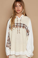 Oversize Button Sleeve Plaid Mix Hoodie Top Ivory