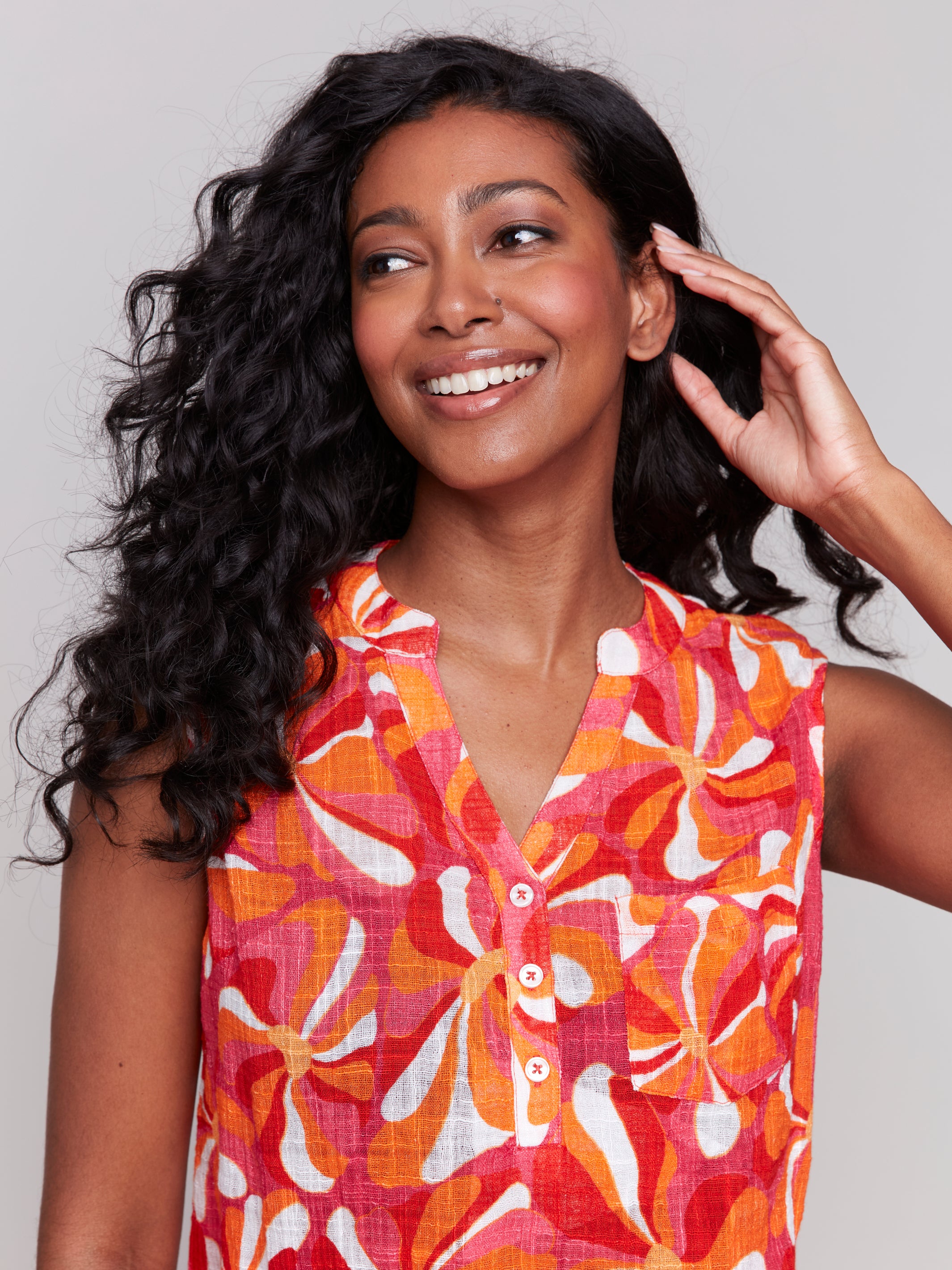 Printed Chest Pocket Sleeveless Top Groovy