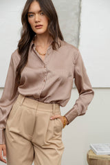 Pinstripe Button Up Woven Top Light Mocha