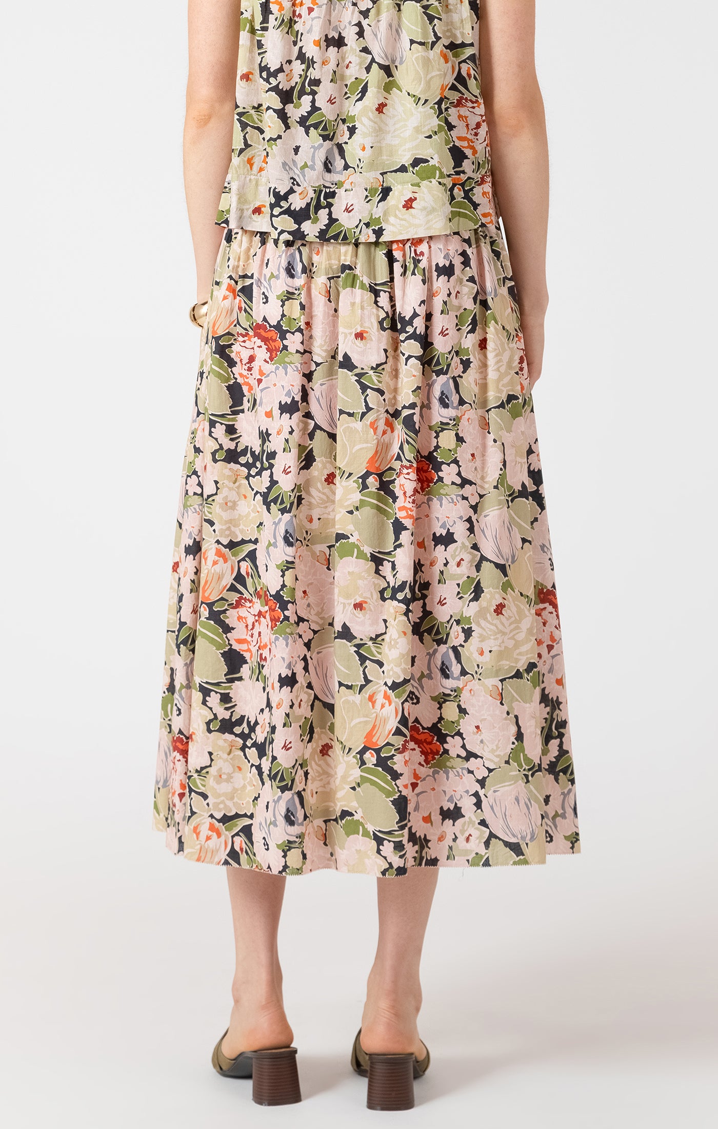 Smocked Waist Printed Midi Skirt Vintage Rose