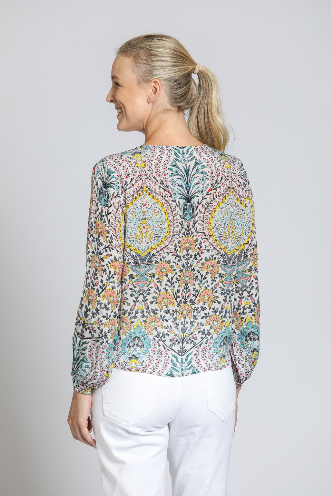 Vneck Tie Front Long Sleeve Top Green Multi