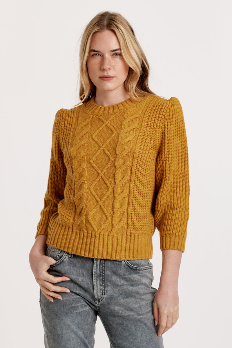 Priya 3/4 Sleeve Mix Cable Knit Sweater Ochre