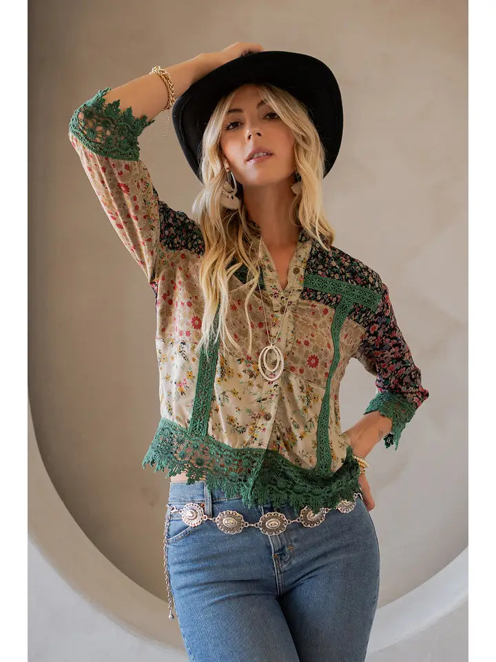 Boho Patchwork Crochet Detail Jacket Basil